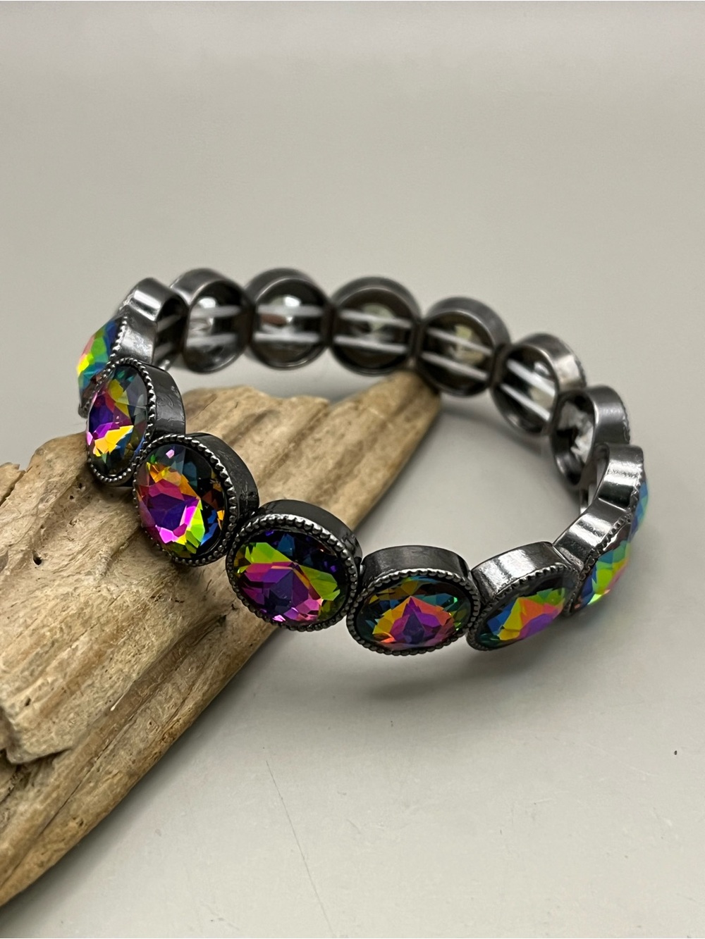 Rainbow Vitrail Crystal Stretch Bracelet Gunmetal Statement Tennis Stacking